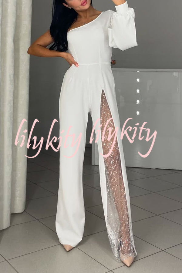 Fashionable Oblique Shoulder One-sleeve Sexy High Slit Slim Jumpsuit