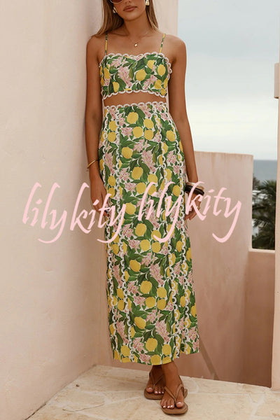 Linen Blend Summer Fruit Print Camisole Top and Elegant Lace Back Slit Maxi Skirt Set