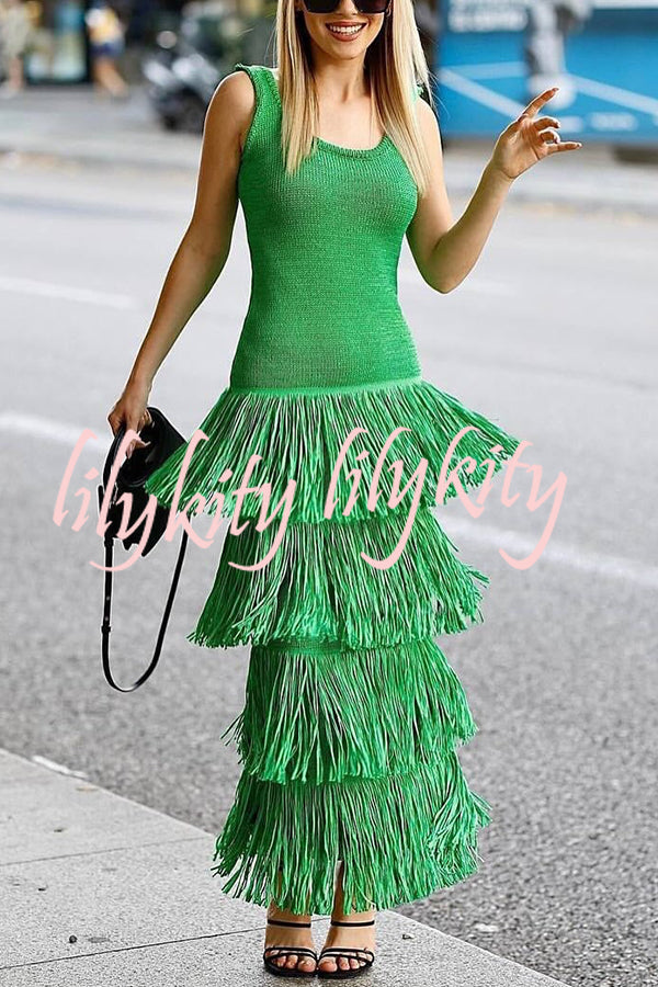 Solid Color Sleeveless Slim Fit Fringed Hem Knitted Midi Dress