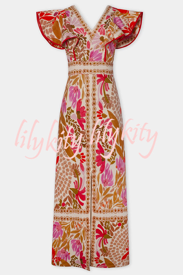 Unique Printed V-neck Open Back Ruffled Sleeves Slit Maxi Dress