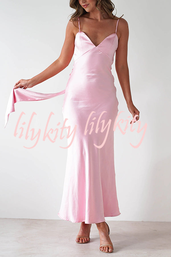 Satin Elegant Sling Backless Lace-Up Midi Dress