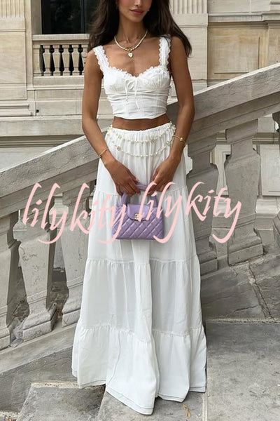 Fashionable Suspender Slim-fit Top and Elastic Waist Stitching Elegant Maxi Skirt Set