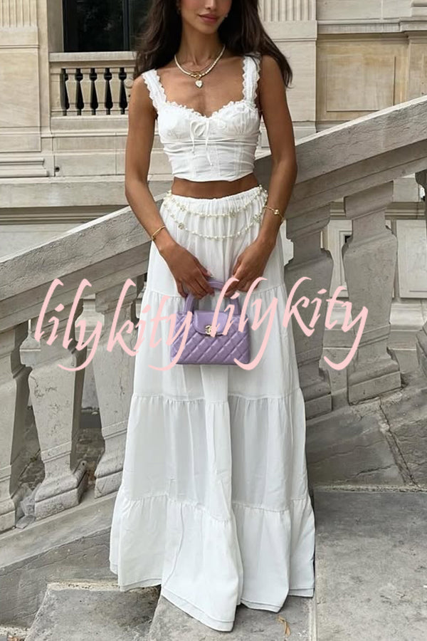Fashionable Suspender Slim-fit Top and Elastic Waist Stitching Elegant Maxi Skirt Set