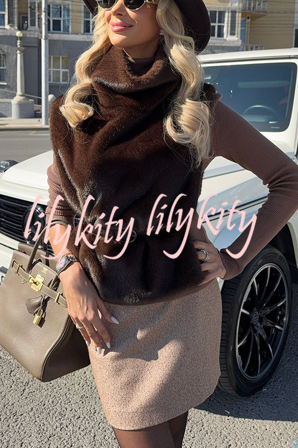 Warm and Stylish Shaggy Eco-fur Stand Collar Side Slit Vest