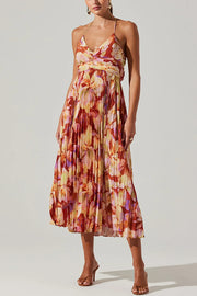 Wedding Party Season Floral Print Pleated Back Tie-up Midi Dress