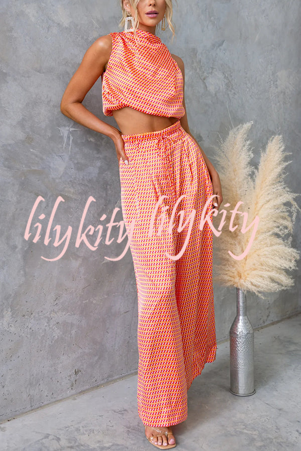 Girls Night Satin Printed High Neck Top and Elastic Tie-up Waist Pocket Wide Leg Pants Set