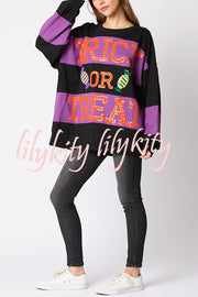 Halloween Letter Sequined Color Block Loose Casual Sweatshirt