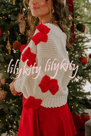 Wrapped in Bows Knit Color-blocked Loose V-neck Long-sleeved Cardigan