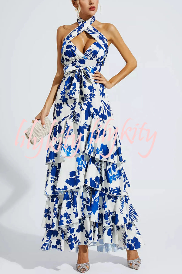 Gorgeous Styling Botanical Print Halter Neck Open Back Tiered Hem Maxi Dress