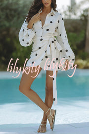 Effortlessly Linen Blend Polka Dot Balloon Sleeve Blouse and Wrap Tie-up Loose Mini Skirt Set