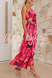 Laken Floral Print One Shoulder Adjustable Tie Cutout Pleated Maxi Dress