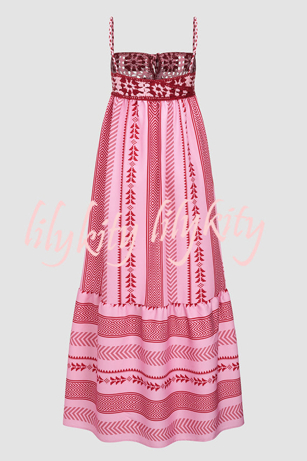 Unique Printed Patchwork Fringed Lace-up Maxi Dress