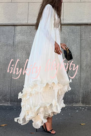 Fashionable V-neck Lace-up Ruffled Double-layer Hem Maxi Dress