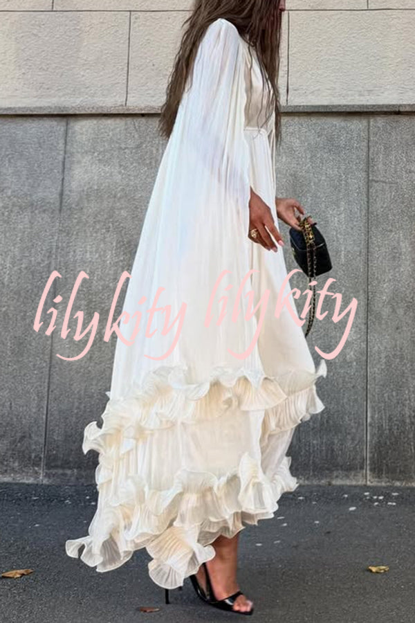 Fashionable V-neck Lace-up Ruffled Double-layer Hem Maxi Dress