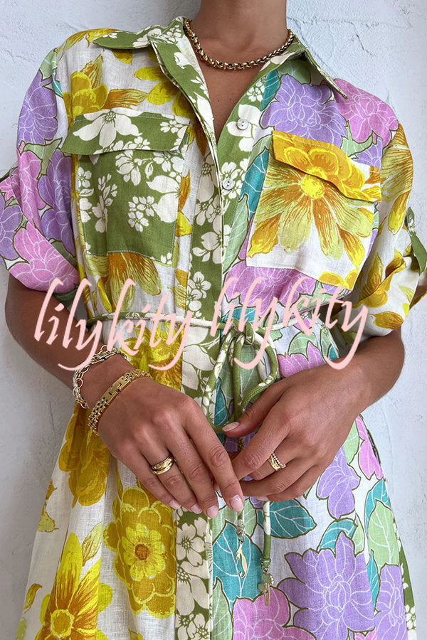 Travel Effortlessly Linen Blend Floral Patchwork Shirt Midi Dress