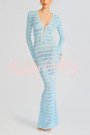Solid Color Knit Hollow Long Sleeve Vacation Cover Up Maxi Dress