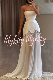 Jiya Satin Petal Hem Pearl Detail Chiffon Cape Strapless Maxi Dress