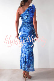 Floral Print Sleeveless 3D Flower One Shoulder Slim Maxi Dress
