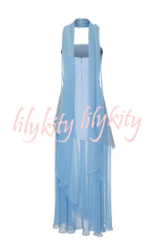 Monaco Off Shoulder Structured Top Chiffon Slit Hem Scarf Maxi Dress