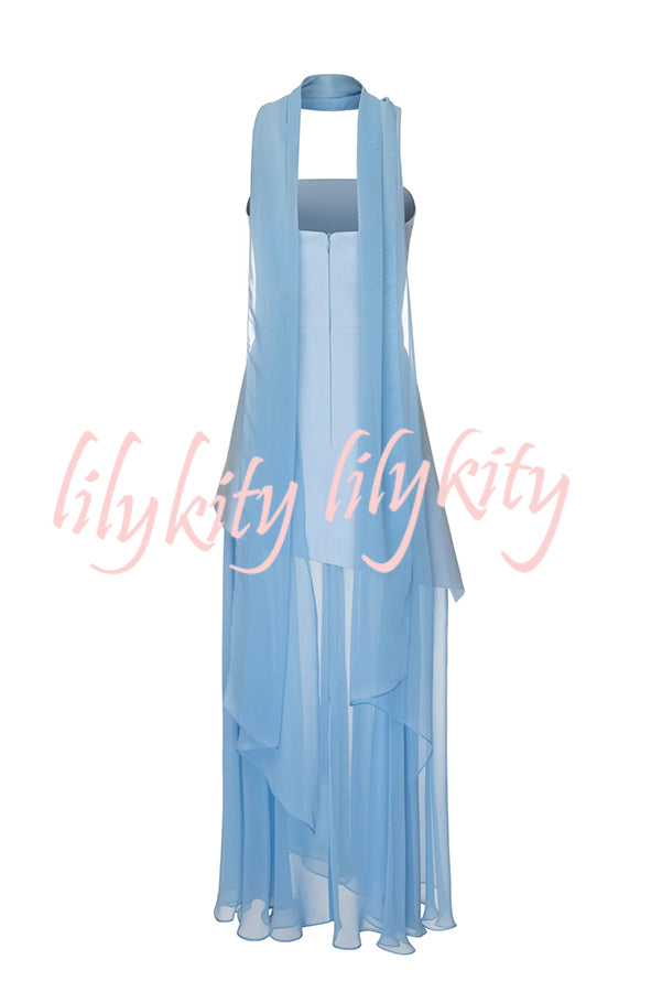 Monaco Off Shoulder Structured Top Chiffon Slit Hem Scarf Maxi Dress