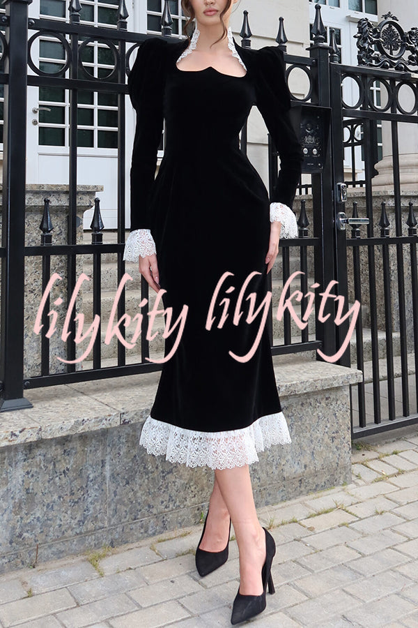 Baroque Style Velvet Lace Trim Sweetheart Neck Long Sleeve Flare Midi Dress