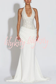 Exclusive Declaration Sequin Halter Neck Back Lace-up Ruched Hem Maxi Dress