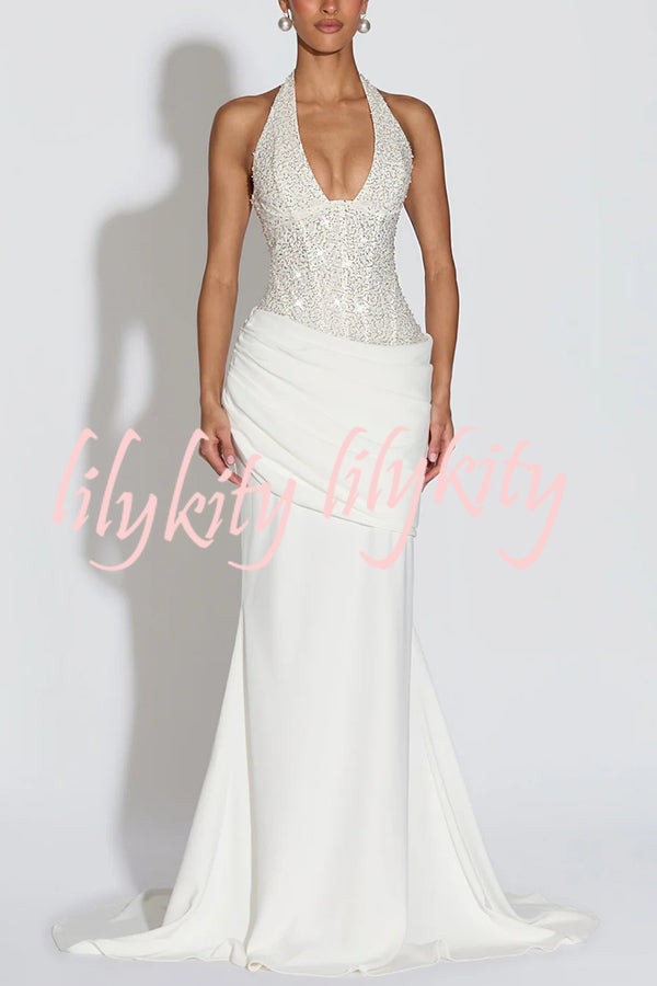 Exclusive Declaration Sequin Halter Neck Back Lace-up Ruched Hem Maxi Dress