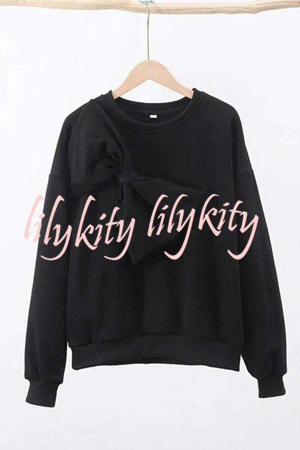 Solid Color Round Neck Long Sleeve Bow Loose Sweatshirts