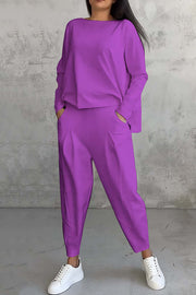 Solid Color Crew Neck Long-sleeved Irregular Loose Top and Elastic Waist Pocket Casual Pants Set