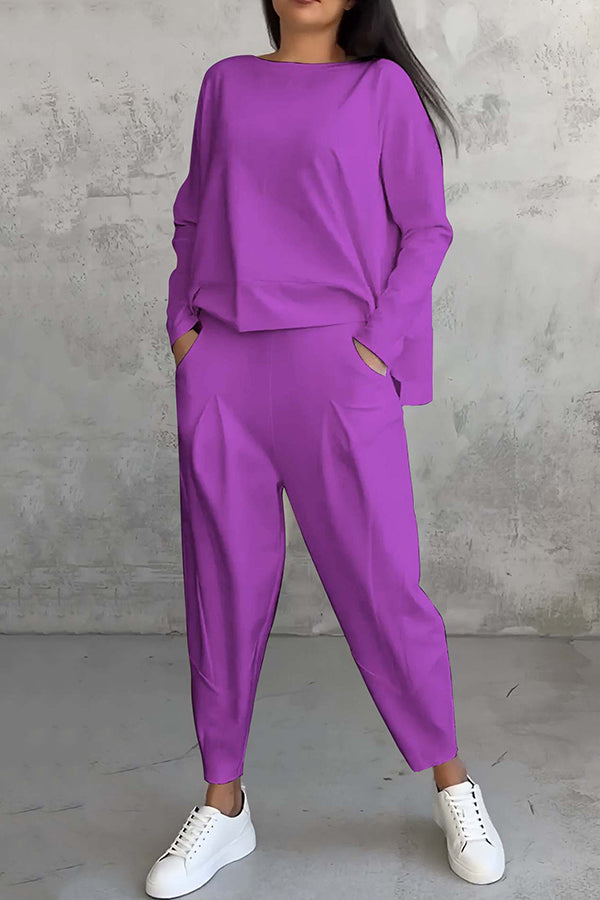 Solid Color Crew Neck Long-sleeved Irregular Loose Top and Elastic Waist Pocket Casual Pants Set