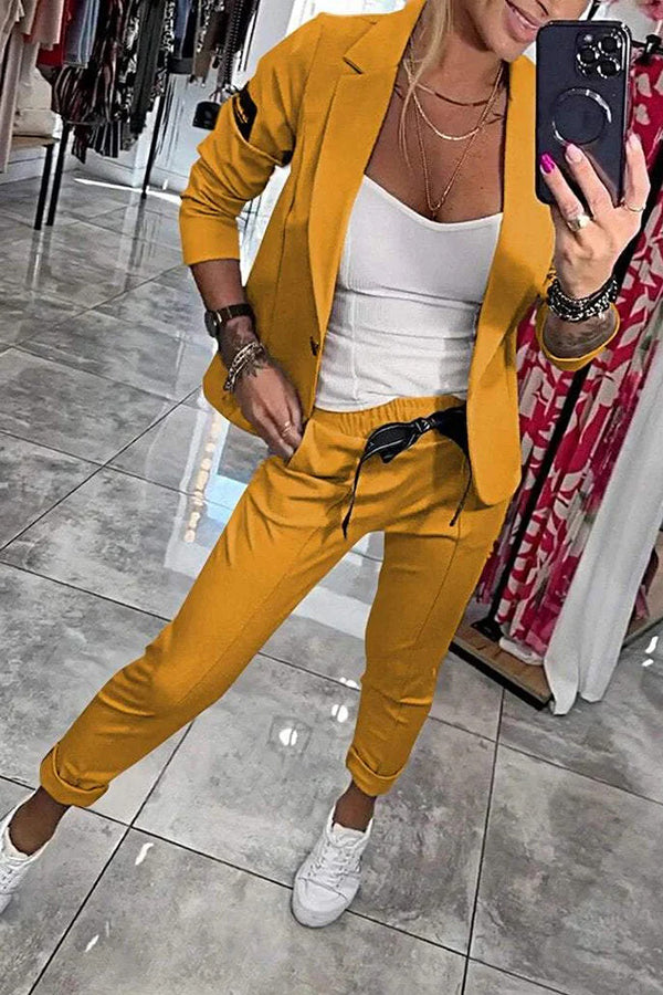 Smart Casual Lapel Blazer and Elastic Waist Tie Pocket Pants Set