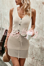 Knitted Vest V-neck Top and Lace-up Hollow Skirt Set