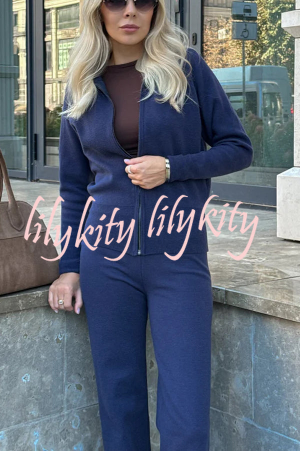 Cozycore Knit Zipper Long Sleeve Cardigan and Stretch Wide Leg Pants Set