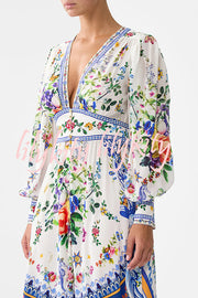 Fairy Tale Print V-Neck Lantern Sleeve Waist Maxi Dress