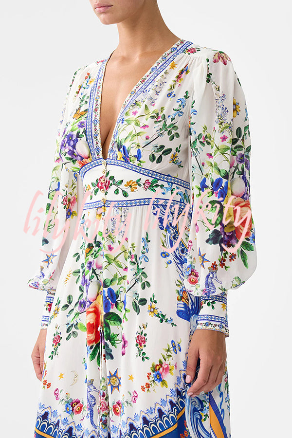Fairy Tale Print V-Neck Lantern Sleeve Waist Maxi Dress