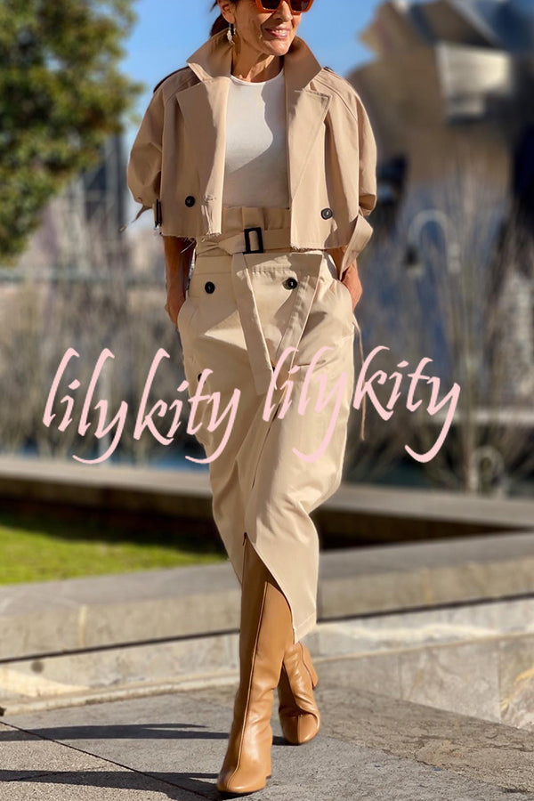 Work Style Lapel Long Sleeve Jacket and Button Belt Pocketed Slit Midi Skirt Set