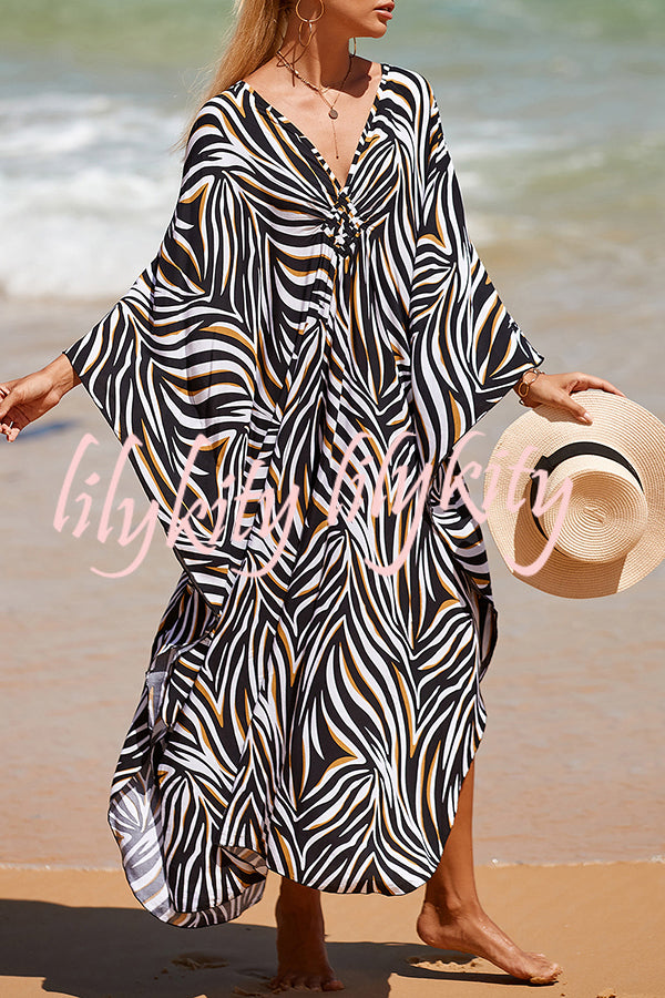 Simple Unique Printed Pleated Front Slit Cover Up