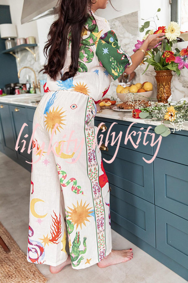 Bohemian Beauty Unique Print Short Sleeve Loose Shirt and Elastic Waist Pants Set