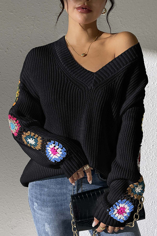 Fashion Hook Flower Long Sleeve V-Neck Loose Knitted Sweater