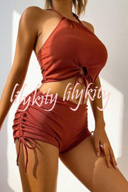 Solid Color Sexy Halter Neck High Waist String Stretch Bikini Swimsuit