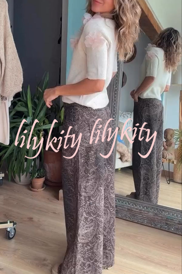 Alboran Knit Organza Flowers Detail Short Sleeve Loose Sweater