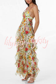 Sunrise Goddess Chiffon Roses Print Ruffles Tiered Trim Maxi Dress