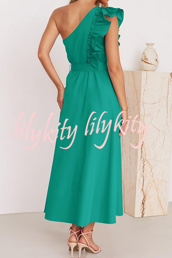 Solid One Shoulder Ruffled Sleeves Tie Waist Maxi Dress