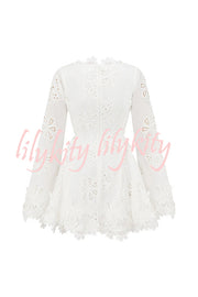 Diaz Embroidery Hollow Fabric Delicate Flower Trim Long Sleeve Side Lace-up Mini Dress
