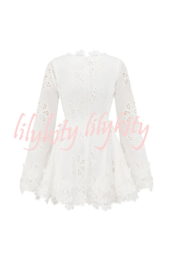 Diaz Embroidery Hollow Fabric Delicate Flower Trim Long Sleeve Side Lace-up Mini Dress