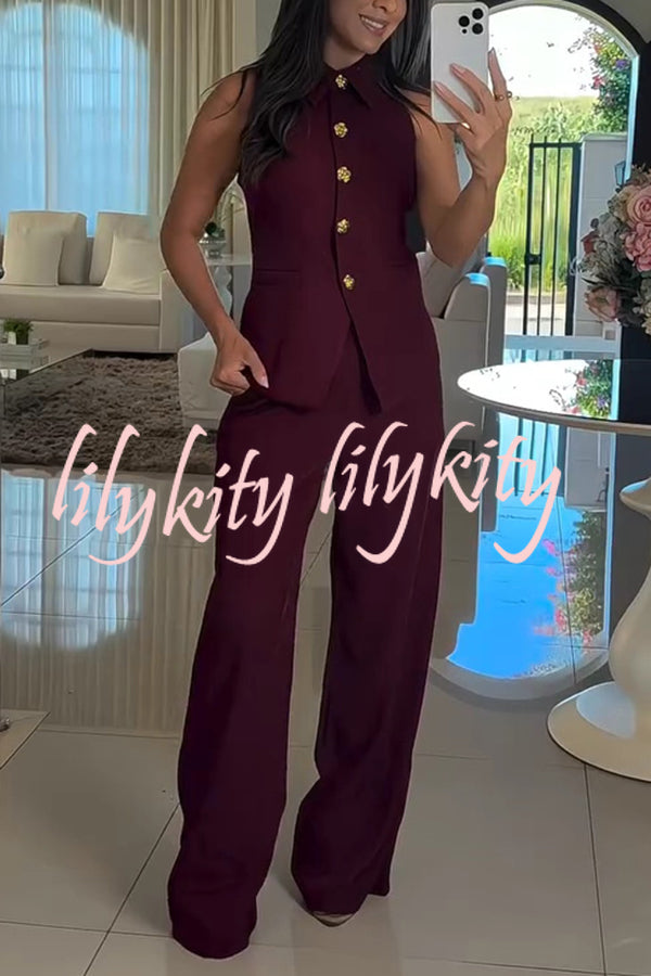 Fashion Lapel Sleeveless Button Vest and Casual Straight-leg Suit Pants Set