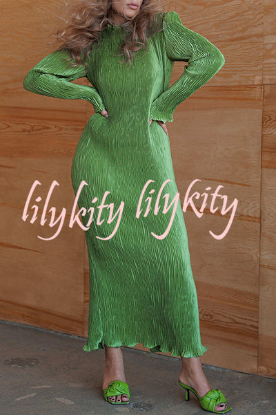 Hansin Satin Pleated Fabric Long Sleeve Wavy Trim H-line Slit Midi Dress