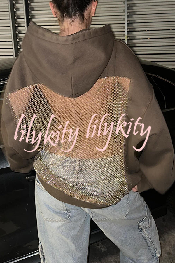 Fashionable Shiny Mesh Hollow Back Loose Long-sleeved Hooded Sweatshirt