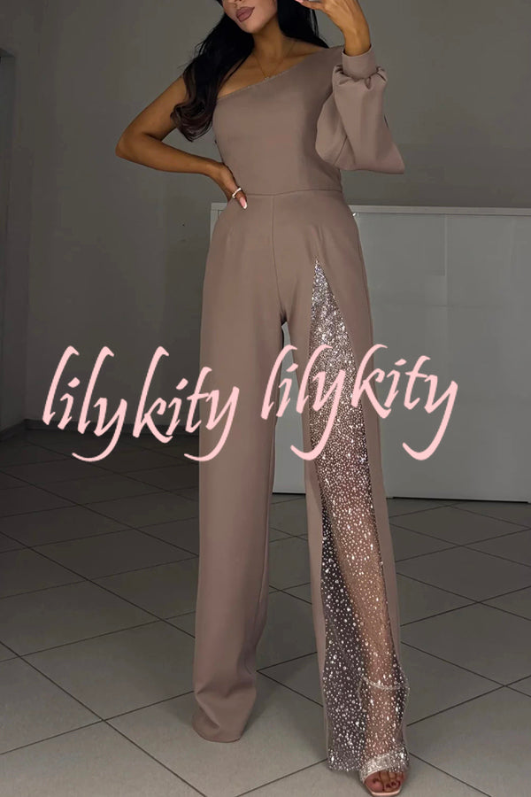 Carlisle One Shoulder Slit Lantern Sleeve Sequin Patchwork Wide Leg Party Jumpsuit