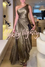 Midnight Kiss Metallic Fabric One Shoulder Cutout Pleated Maxi Dress